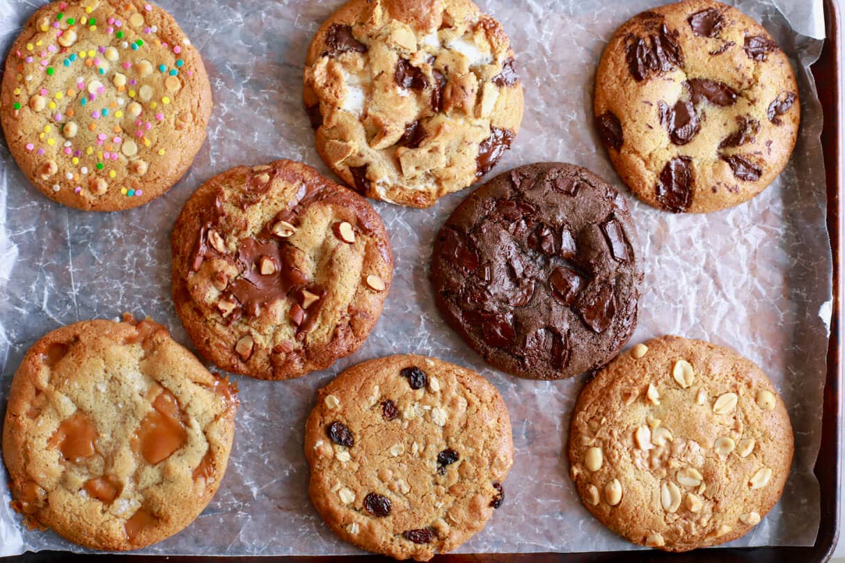 A tray of all the flavors of cookies you can make with Crazy Cookie Dough.