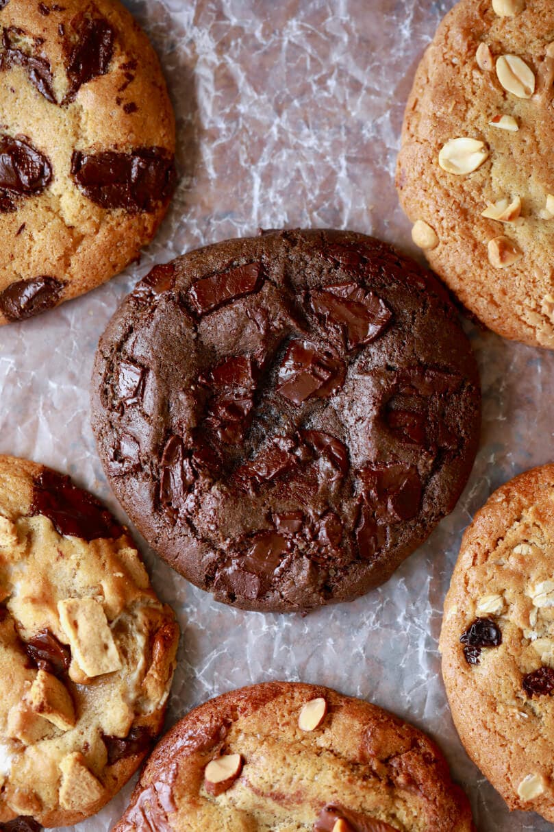 Double Chocolate Chip Cookies surrounded by other crazy cookie dough cookies.