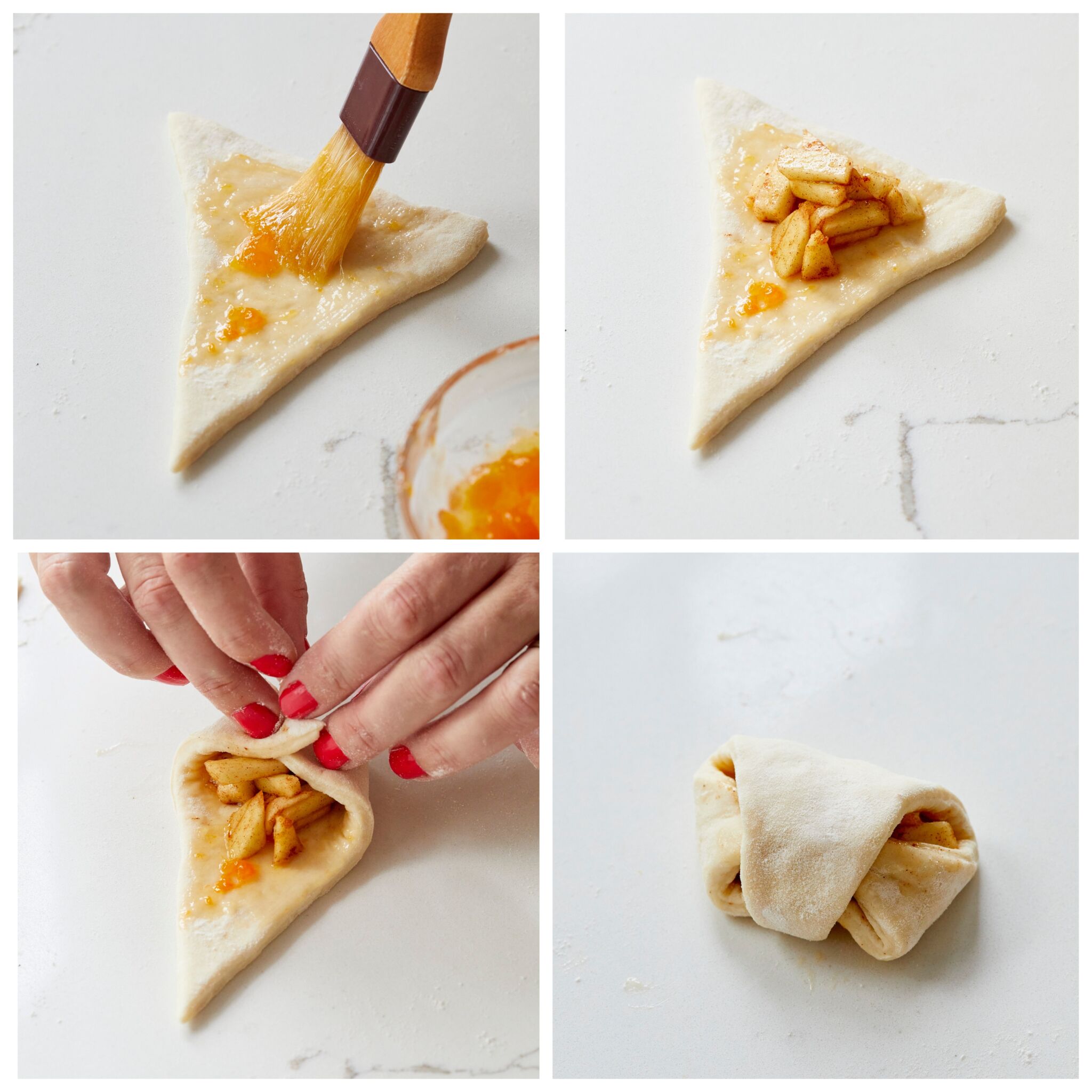 Step-by-step instruction on how to make apple pie crescent rolls: Place one tablespoon of apple filling on each dough triangle. Fold corners over, and roll up to seal. Place on a baking sheet and brush with egg wash.