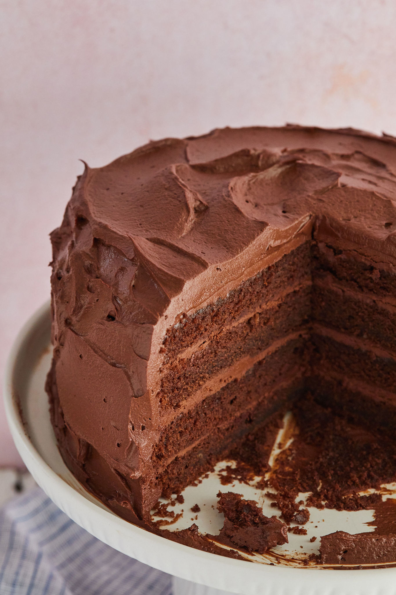 A close up of the layers and whipped ganache of my best chocolate cake recipe.