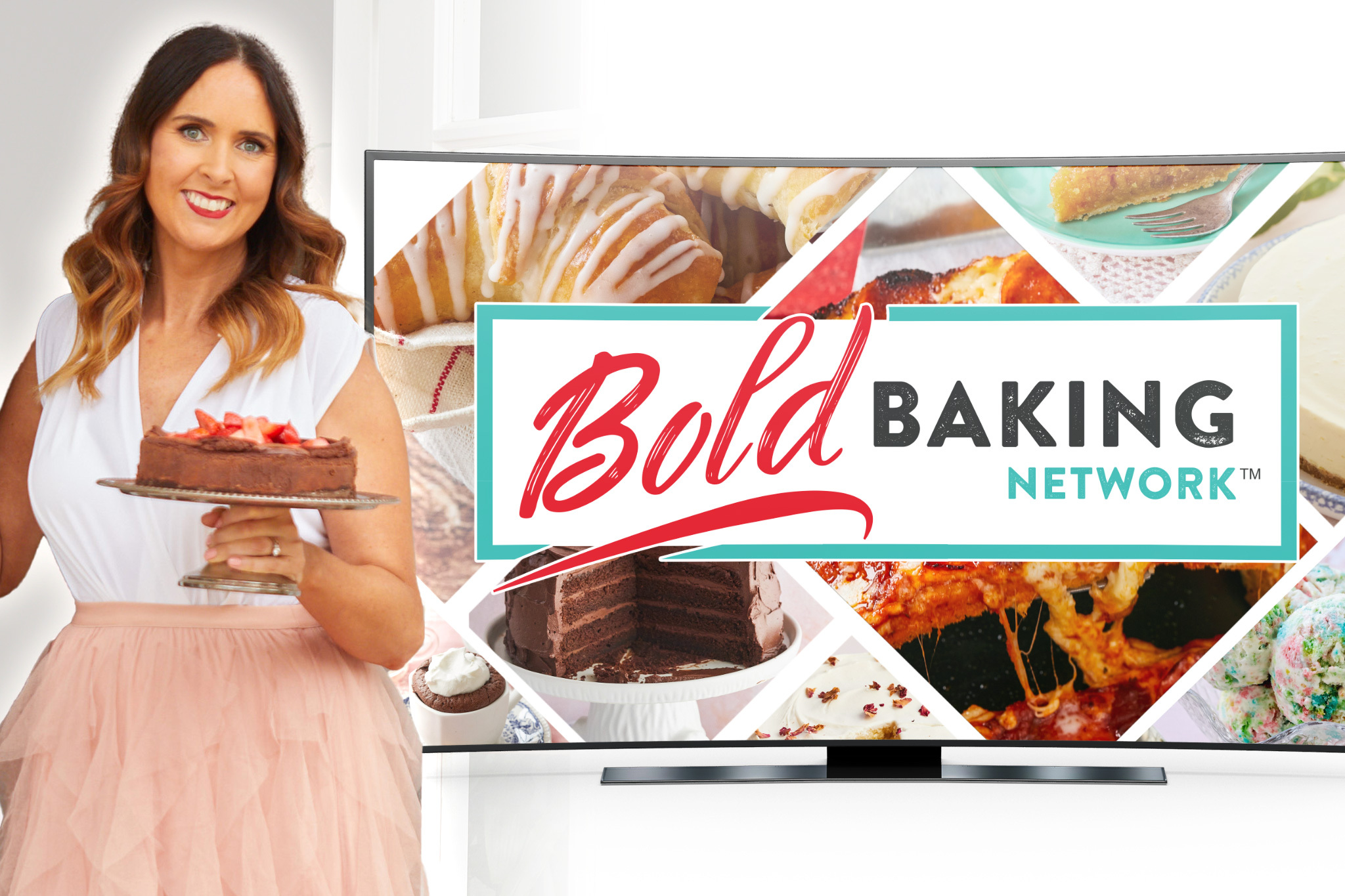 Bold Baking Network logo on a television with Chef Gemma Stafford