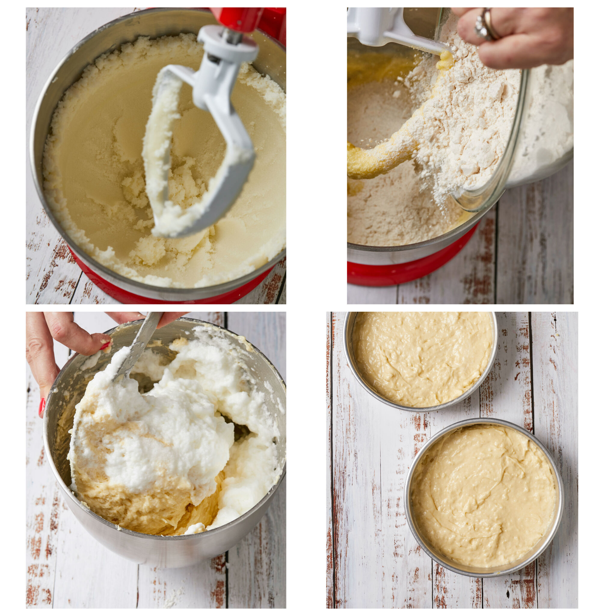 Step-by-step instructions on how to make the batter, first creaming butter and sugar to incorporate air followed by egg yolks one by one, then gradually mix dry ingredients and buttermilk until combined, gently fold in egg whites with a thin-edged metal spoon. Divide batter into two 8-inch round tins. 