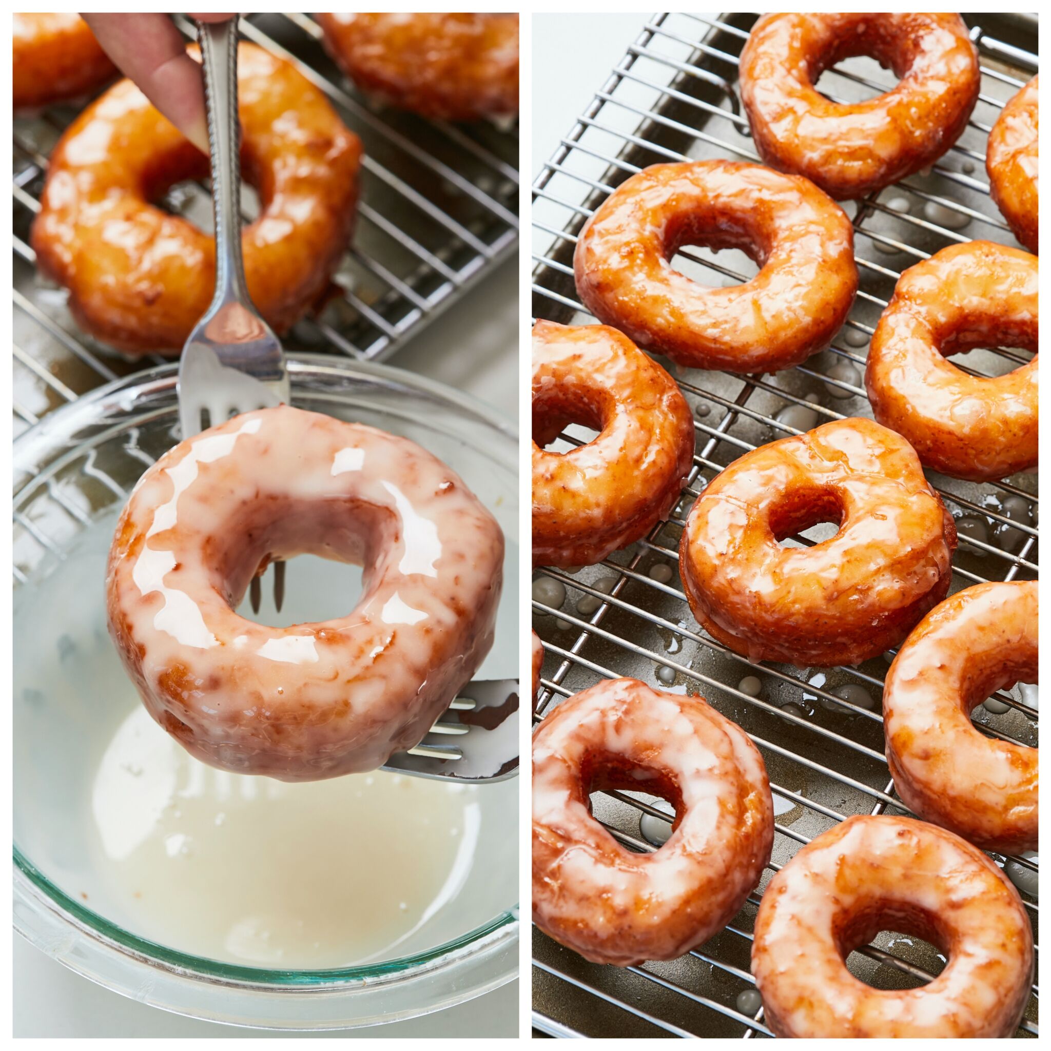 Use two forks to glaze the donuts with icing from a glass bowl, while they're hot. Then return them to the rack.