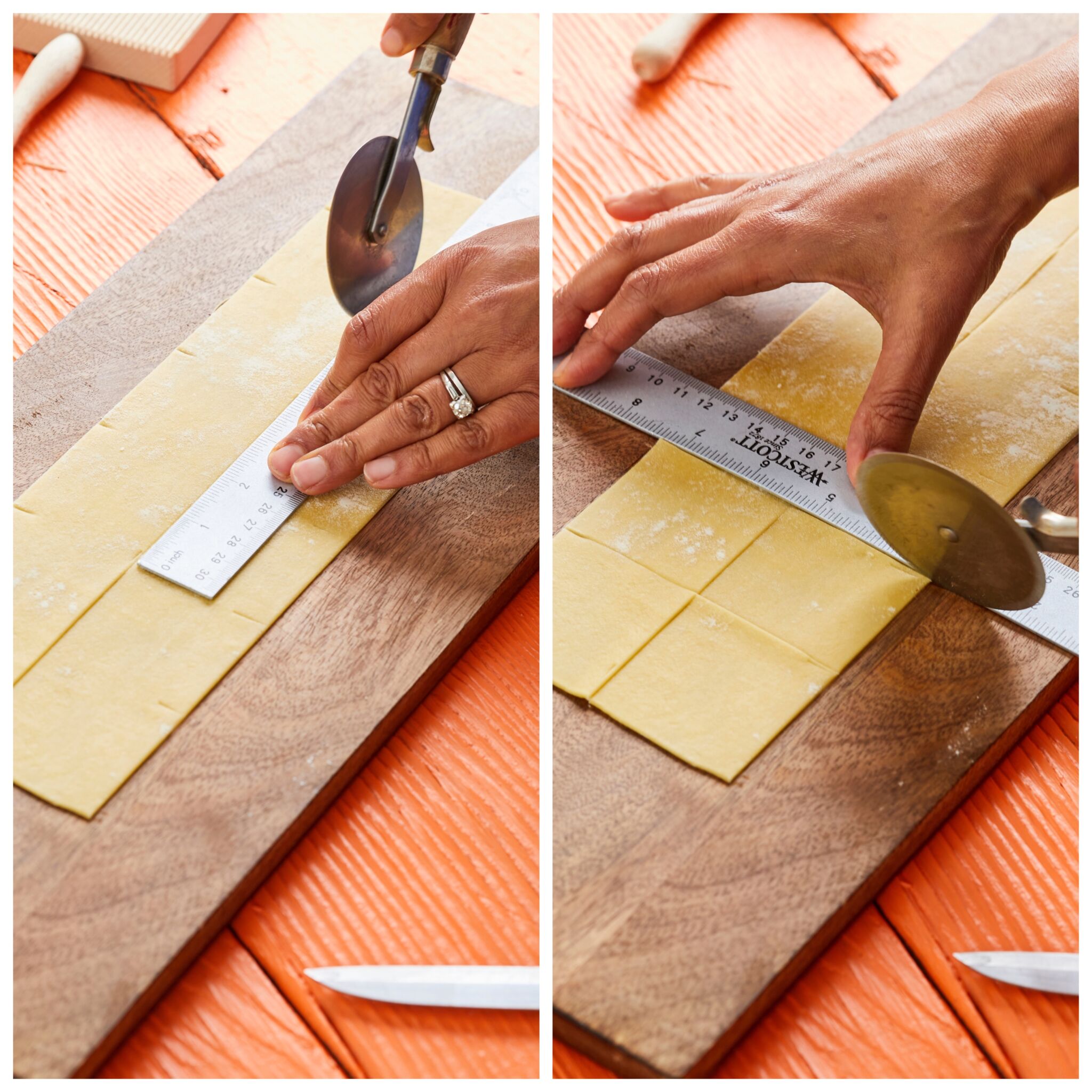Step-by-step instruction: cut the rolled-out dough into 2-inch squares. Cover the remaining square with a dish towel.