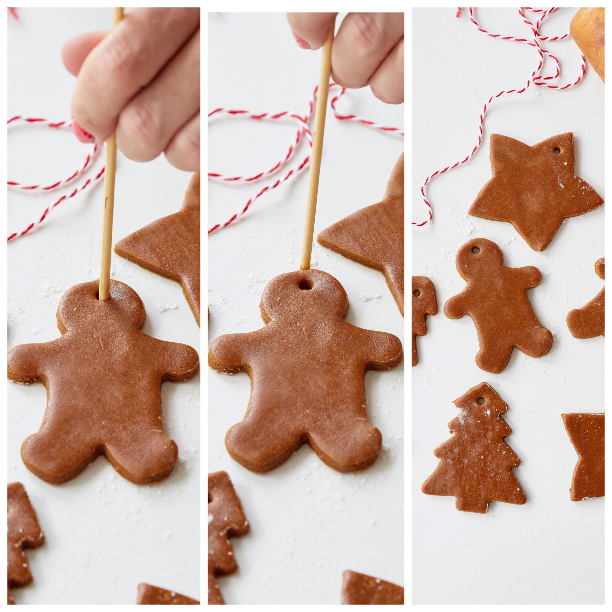 Step-by-step instructions on how to make a Gingerbread Cookie Garland: Place 1/4-inch thick cookies two inches apart on the baking sheets. Poke holes for stringing by pushing the flat end of a wooden skewer through the top of each cookie. 