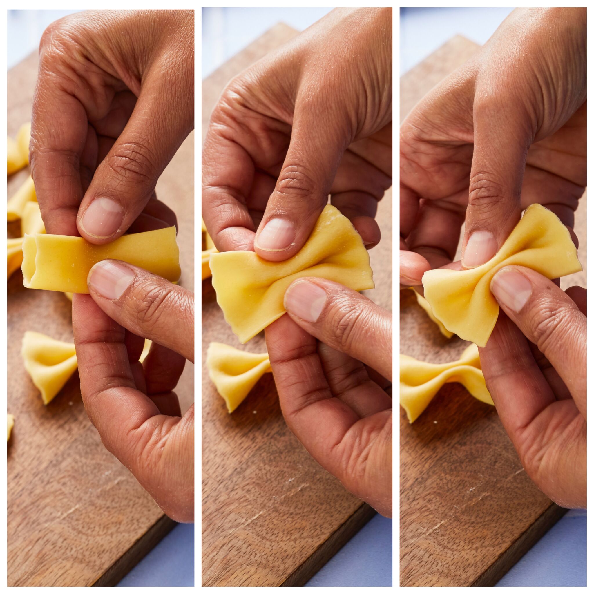 How to Shape Farfalle Pasta: Pick up a rectangular piece of dough, and hold it by the long sides between your thumb and index finger. Pinch the center together, then fold the outer edges in the opposite direction to create an accordion fold in the center.