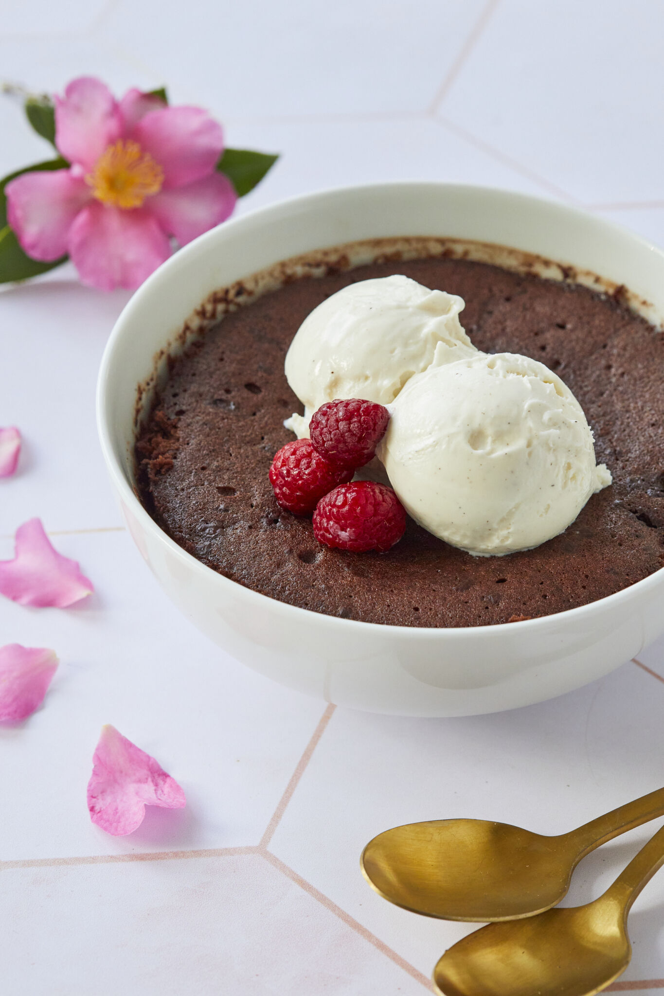 Microwave Chocolate Lava Cake Bowl Recipe For Two ready with ice-cream on top 