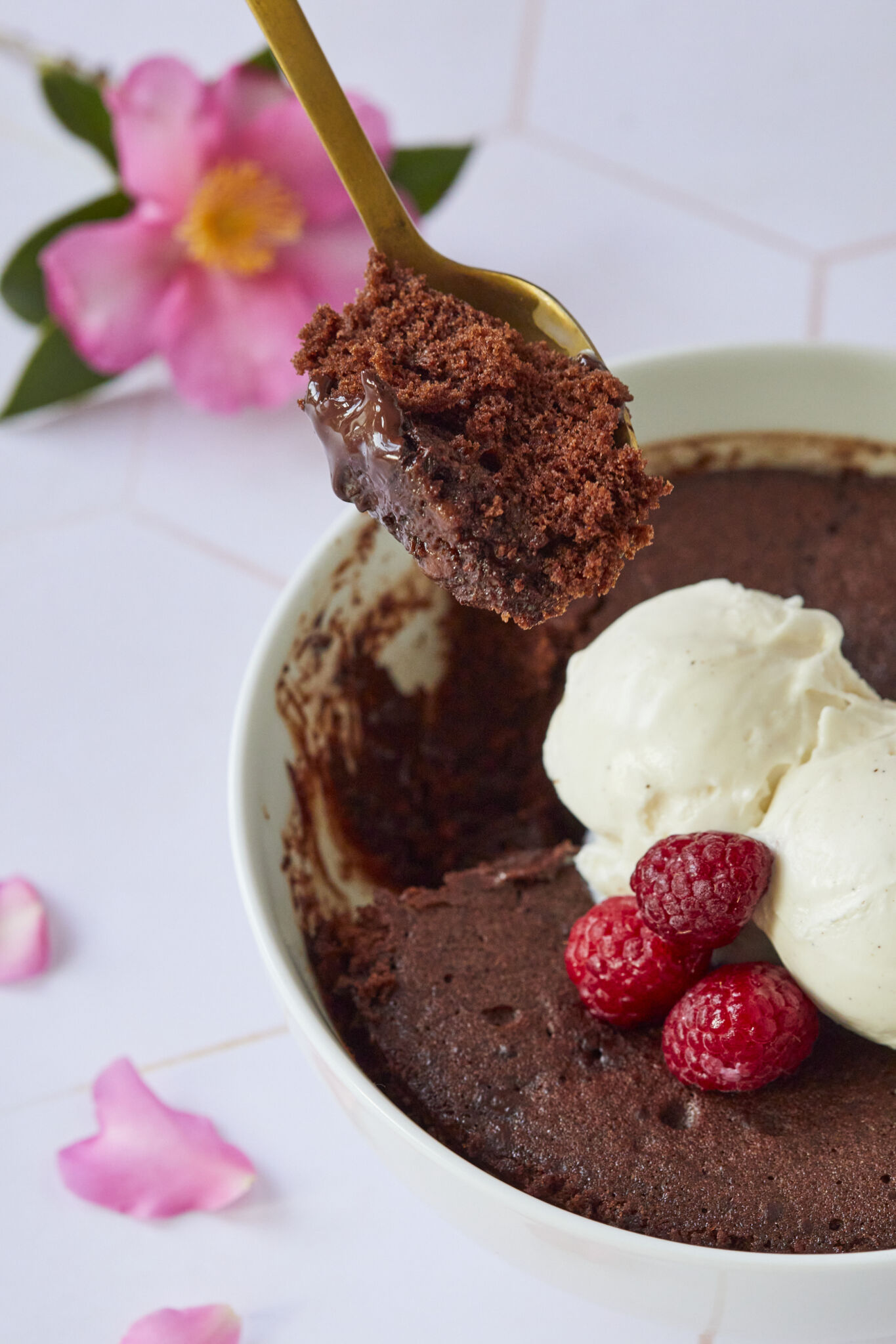 Microwave Chocolate Lava Cake Bowl Recipe For Two showing the gooey lava center on the inside. 
