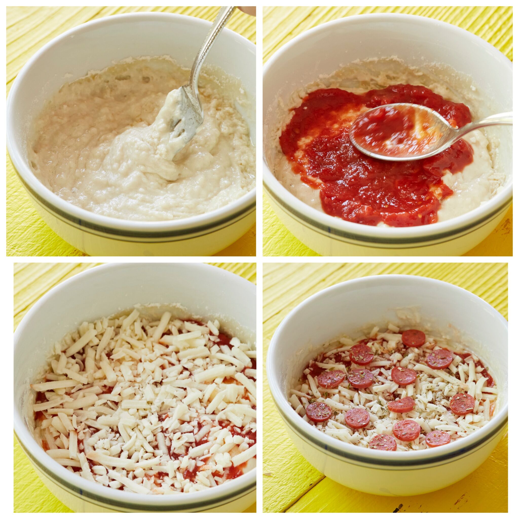Step-by-step instruction on how to make a 2-Minute Microwave Pizza Bowl: After mixing dry ingredients first then adding in wet ingredients, you get a lumpy thick batter. Add the pizza sauce and spread it around the surface of the batter. Sprinkle on toppings including the cheese, pepperoni, and dried herbs. Ready to be cooked in the microwave. 