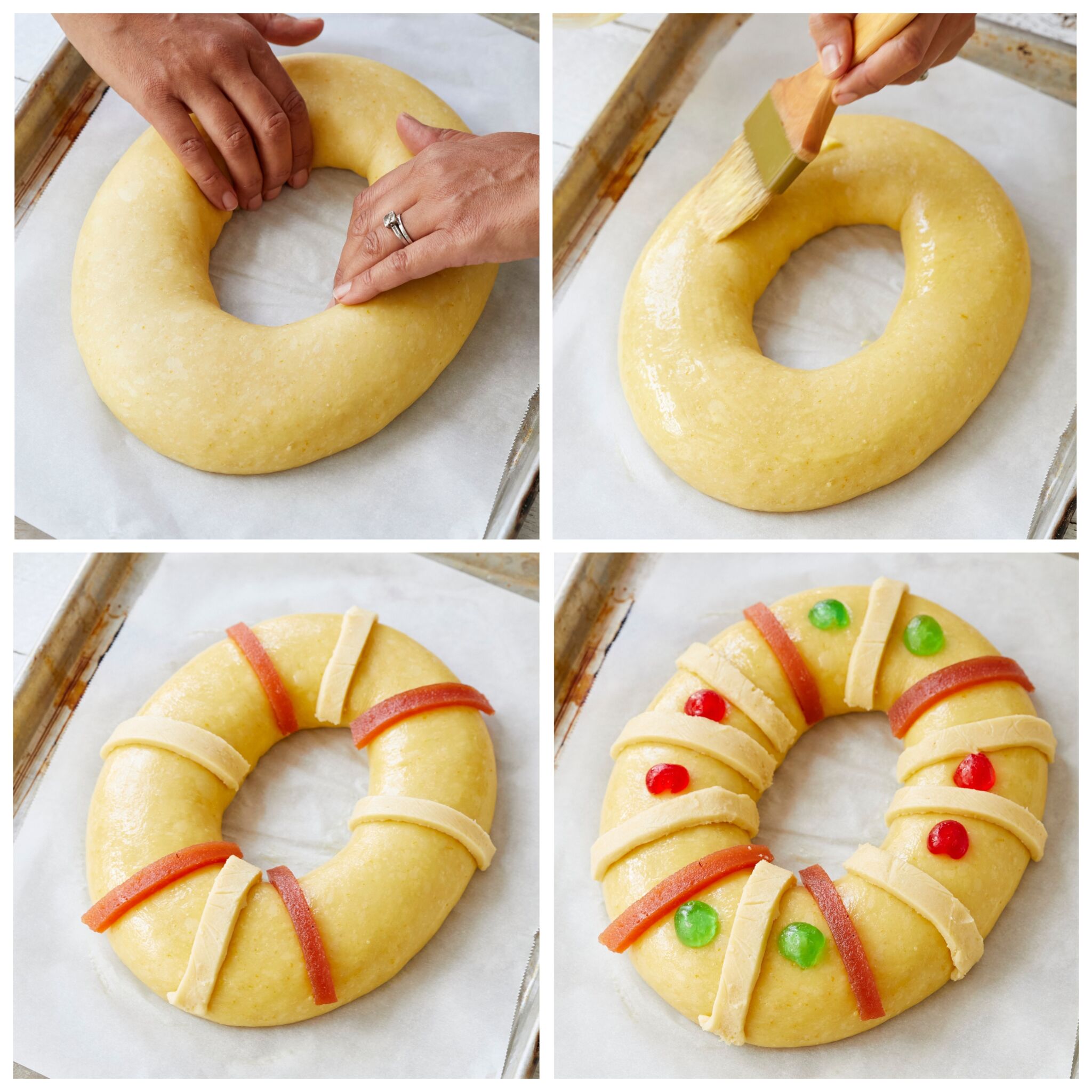 Step-by-step instruction on how to Make : Rosca de Reyes Recipe (Three Kings Bread) To shape the dough: Knead the dough into a ball and make a hole in the middle. Fashion the dough into an oval ring. Place on a parchment paper-lined baking sheet and let rise until doubled in size, about 45 minutes.
