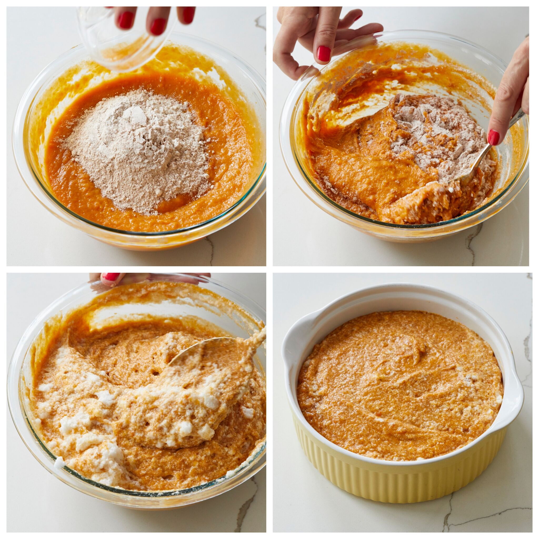 Step-by-step instruction on how to make Sweet Potato Soufflé: Add the dry ingredients including flour, baking powder, salt, allspice, and cinnamon, to the wet soufflé mixture, mix until just blended. Whip and add the egg whites. In a clean bowl, whip the egg whites to stiff, glossy peaks. With a thin metal spoon, fold 1/3 of the egg whites into the sweet potato mixture. Fold in the remaining egg whites.
